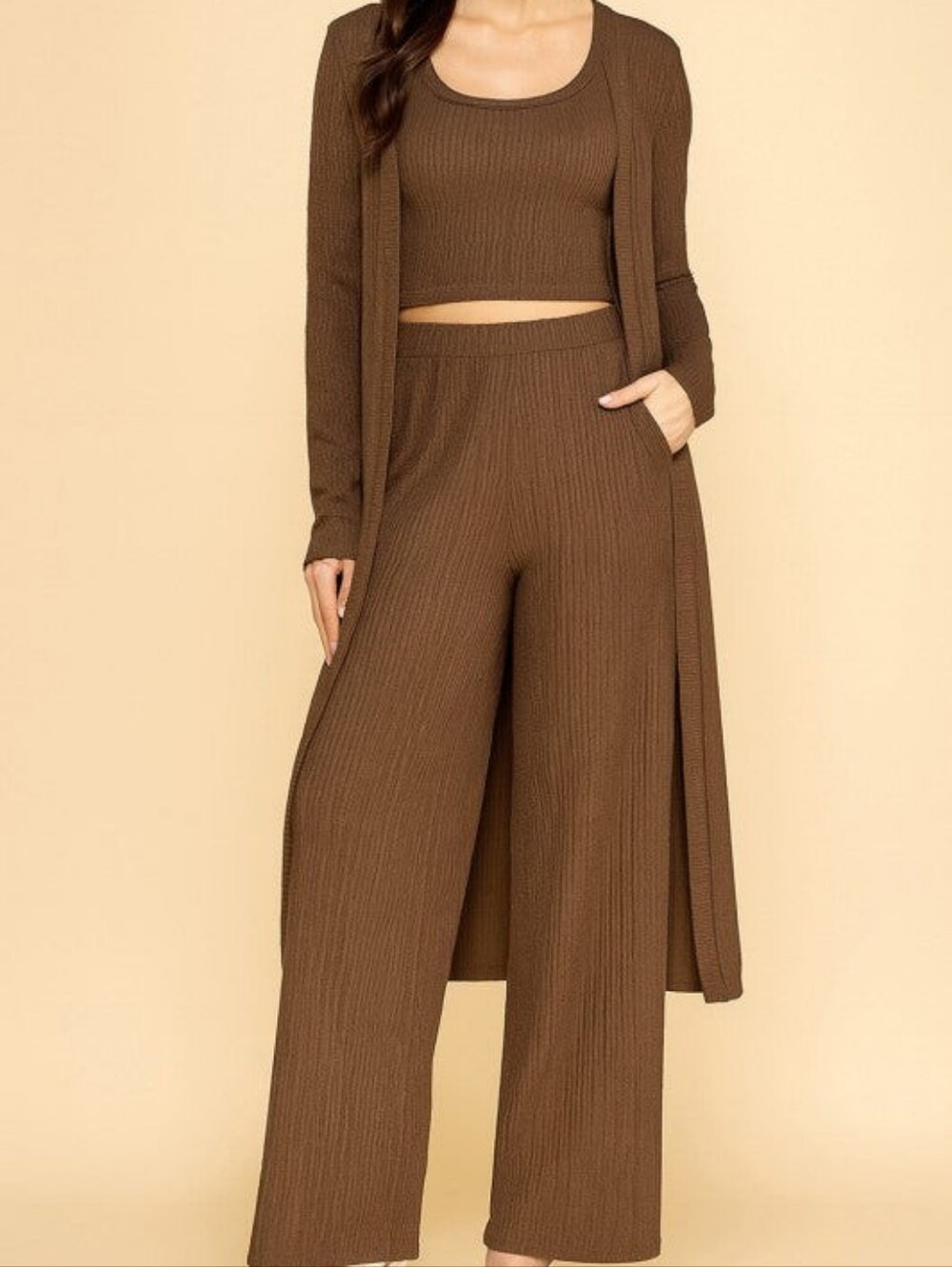 New Mix Brown Ribbed Wide-Leg Pantsuit Set